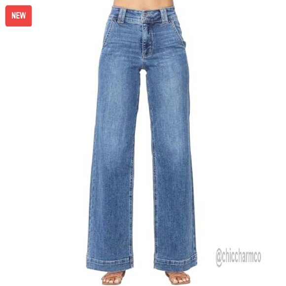 High Waisted Wide Leg Straight Jeans Stretch Denim Tummy Control - Picture 2 of 7